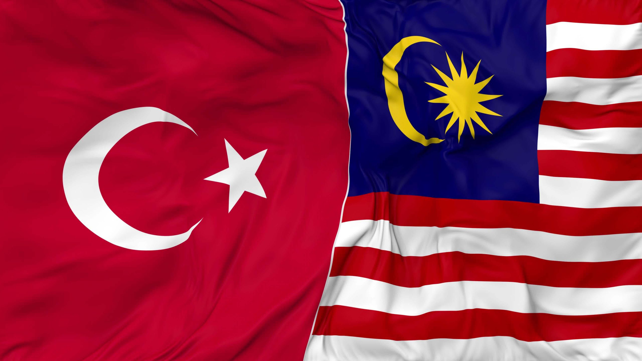 turkey and malaysia flags together seamless looping background looped bump texture cloth waving slow motion 3d rendering free video